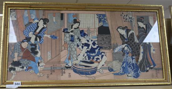 Kunisada, Japanese woodblock print triptych, overall 34 x 73cm